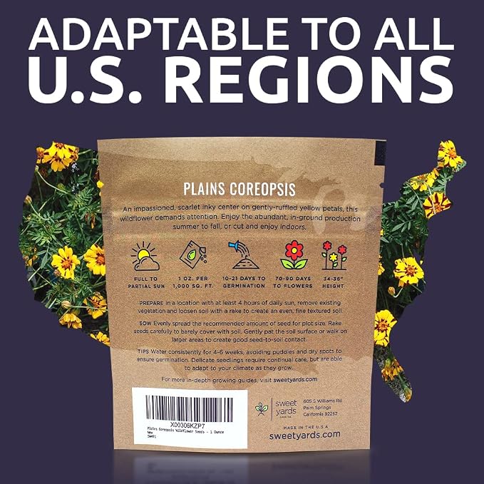 Plains Coreopsis Seeds – Native Flowers – Extra Large Packet – Over 100,000 Open Pollinated Non-GMO Wildflower Seeds – Coreopsis tinctorial
