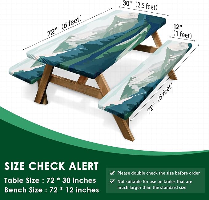 3 Piece Fitted Picnic Table Cover with Bench Covers, 72"x30" Full Elastic Edge Camping Tablecloth, Waterproof Wipeable RV Outdoor Patio Park Camping Essentials With Drawstring Bag (Mountain)