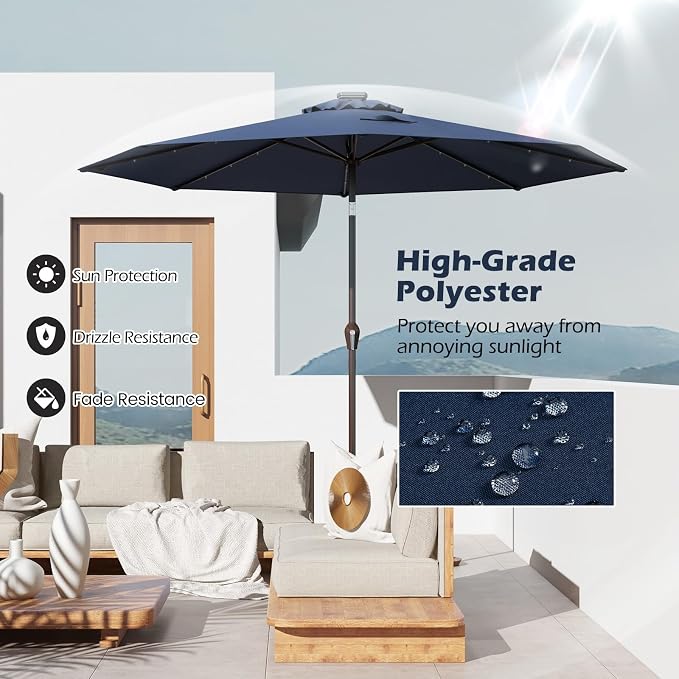Giantex 9ft/10ft Outdoor Patio umbrella with Solar Lights, Table Market Umbrella with Crank and Push-button Tilt System, Solar LED Lighted Patio Umbrella for Backyard Deck Pool Beach