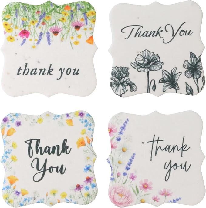 48Pcs Plantable Square Thank You Tags with Wildflower Seeds - 4 Floral Designs (12 Each) Writable Favor Tags for Birthdays, Weddings, Bridal Shower, Mom Gifts, Party Favors & Gift Wrapping