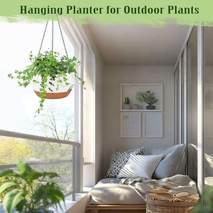 Hanging Planters for Outdoor Indoor Plants, 2 Pack 10 Inch Hanging Basket Plants Outdoor, Self Watering Hanging Planter with Plant Hanger for Garden Home Decoration (White, 10 inch)
