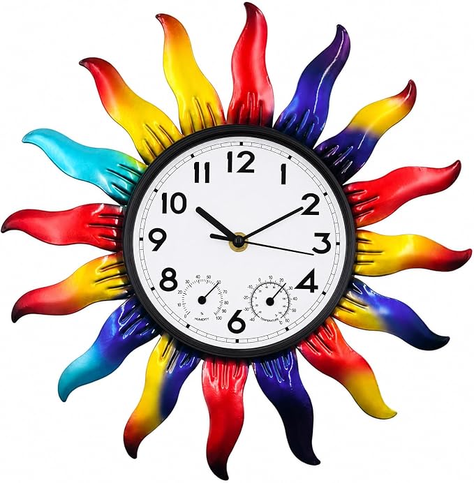 13 Inch Metal Outdoor Wall Clock Colorful Sun Decor Waterproof Outside Clock with Thermometer Humidity Gauge Silent Non Ticking Quartz Timepiece for Garden, Patio, Fence, Yard Gift