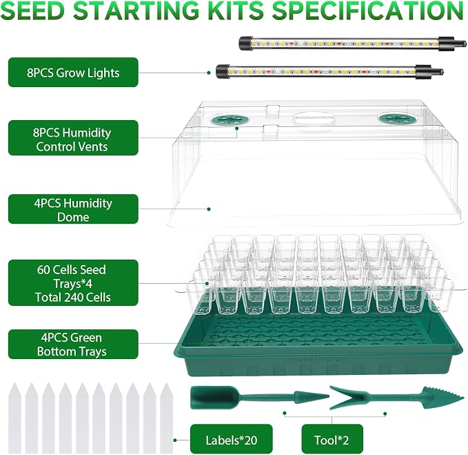 Seed Starter Trays with Grow Lights, Grow Lights for Seed Starting Kit, Timming Set, Indoor Plant Growing Kit for Gardeners, Germination Trays Kits, Gardening Gifts for Women, Mom Gifts (240 Cells)