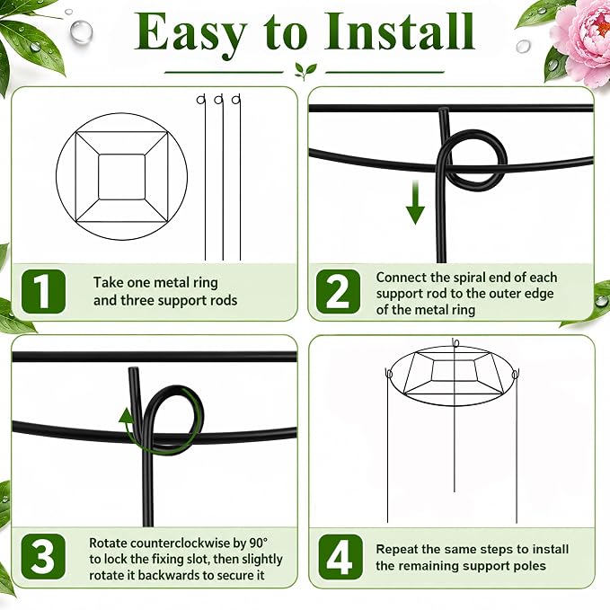 Coolrunner 8 Pack Peony Cages & Supports,12" D x 16" H Plant Support Rings | Heavy Duty Metal Peony Support Cage with 3 Legs, Plants Support Cage for Flower Strawberry Rose Hydrangeas, Heavy Blooms