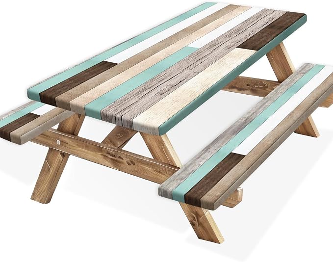 Picnic Table Cover with Bench Covers and Bag, Teal Wooden Camper Waterproof Windproof, Fitted Tablecloth Cover with Elastic Edge, for Indoor & Outdoor, Garden, Camping, 3 Pieces Set, 30x60 Inch