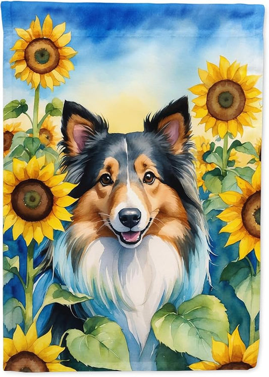 Caroline's Treasures DAC6160CHF Sheltie in Sunflowers House Flag Large Porch Sleeve Pole Decorative Outside Yard Banner Artwork Wall Hanging, Polyester, House Size, Multicolor