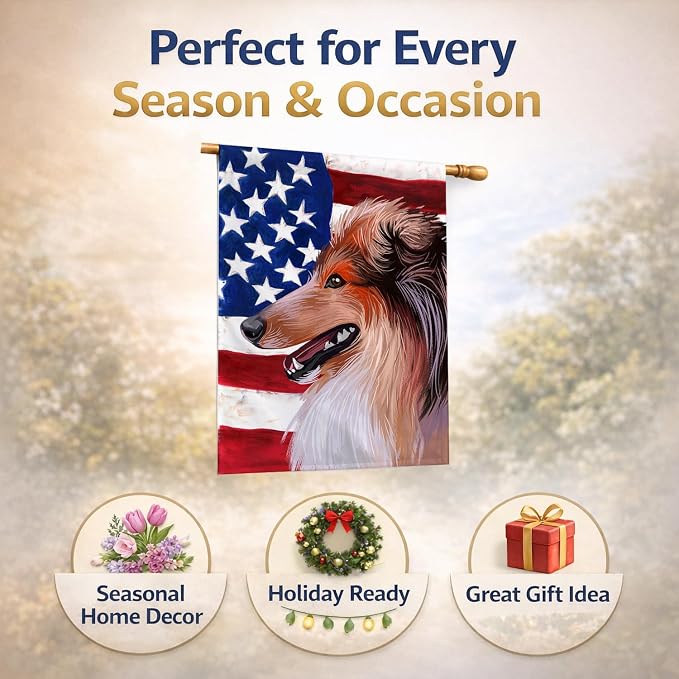 Caroline's Treasures CK6694CHF Scotch Collie Dog American Flag House Flag Large Porch Sleeve Pole Decorative Outside Yard Banner Artwork Wall Hanging, Polyester, House Size, Multicolor