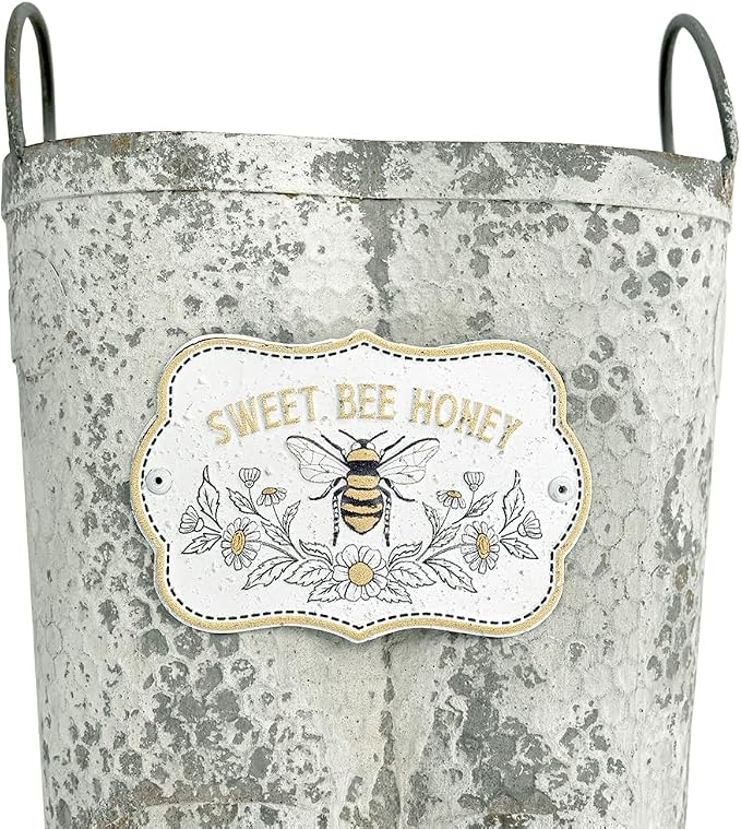 Vintage Metal Planters with Handle Distressed Decor Rustic Farmhouse Flower Pot with Sweet Bee Honey Emblem, Indoor/Outdoor Decorative Plants Buckets for Wedding Home Garden Patio Decor