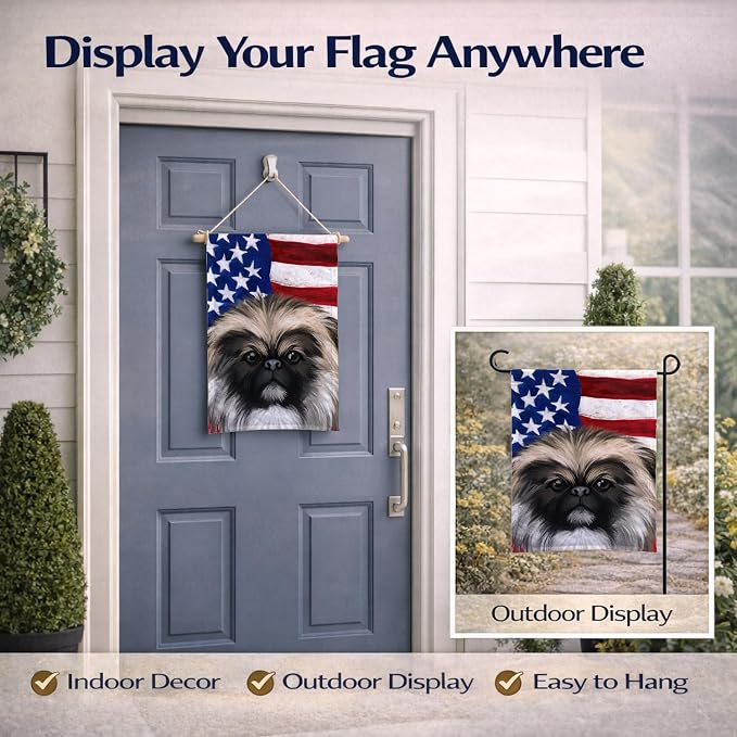 Caroline's Treasures CK6488GF Chinese Imperial Dog American Flag Garden Flag Mailbox Flag Decorative Yard Flag Banner Outside Patio Artwork Yard Flower Beds, Garden Size, Multicolor