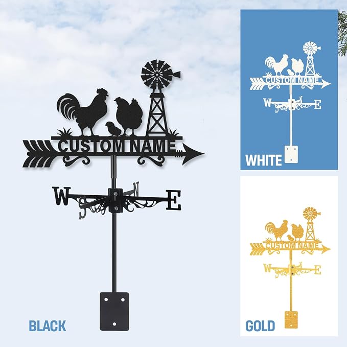 Personalized Metal Weather Vane, Custom Name Weathervane, Chicken Coop Signs, Weather Vanes for Outside, Wind Vanes for Farmhouse Yard Shed Decor, Housewarming Gifts Color05