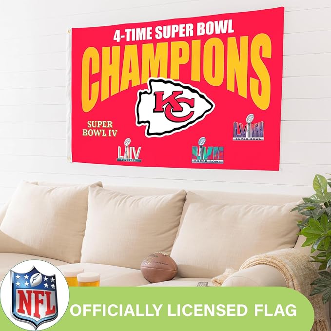 Team Sports America NFL Kansas City Chiefs Multi-Win Superbowl Champions 3x5 Flag for Outside with Grommets | Outdoor & Indoor | Heavy Duty Flag & Banner | Works with Flag Pole for Outside House