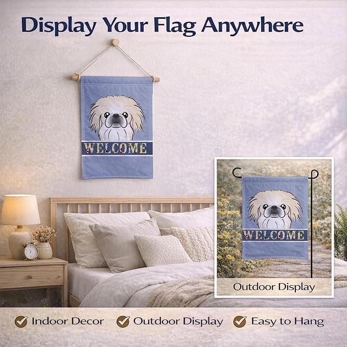 Caroline's Treasures BB1407GF Pekingese Welcome Garden Flag, Blue Mailbox Flag Decorative Yard Flag Banner Outside Patio Artwork Yard Flower Beds, Garden Size, Multicolor