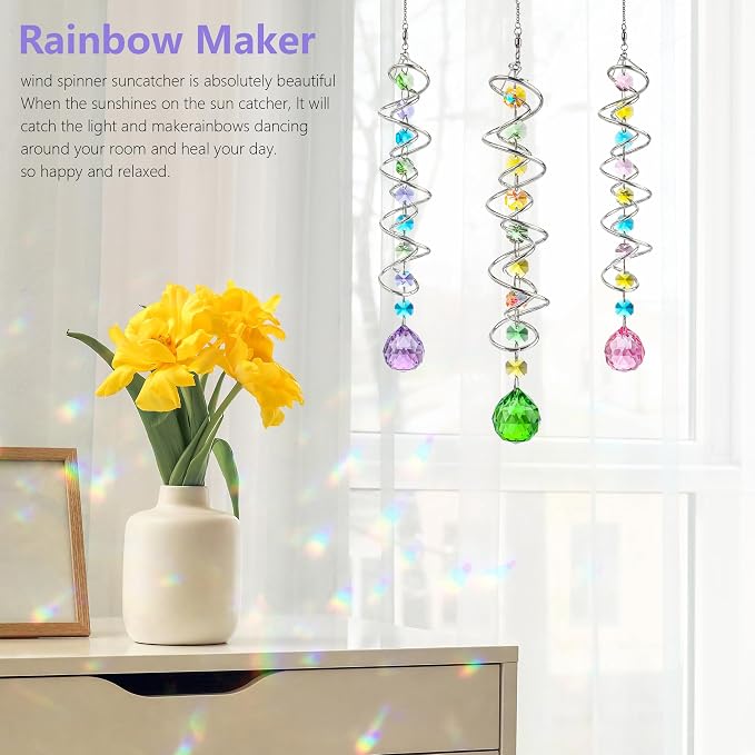 Set of 3 Crystal Suncatcher Spiral Wind Spinner Gazing Ball Decor | Crystal Suncatcher Rainbow Maker with Spiral Tail Hanging for Outdoor Garden Patio Porch Christmas Window Decor