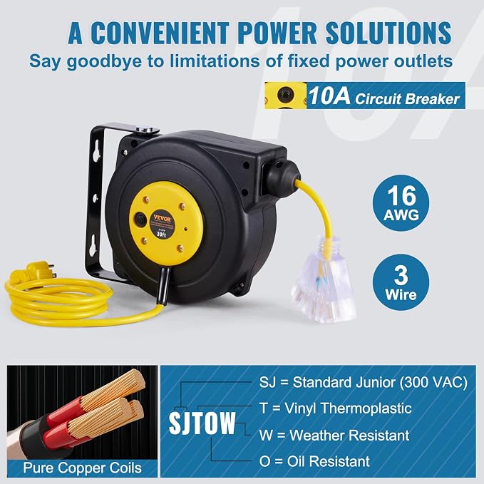 VEVOR Retractable Extension Cord Reel, 30 FT, Heavy Duty 16AWG/3C SJTOW Retractable Power Cord Reel with Lighted Triple Tap Outlet 10 Amp Circuit Breaker 4.5FT Lead-in Cord, for Ceiling or Wall Mount
