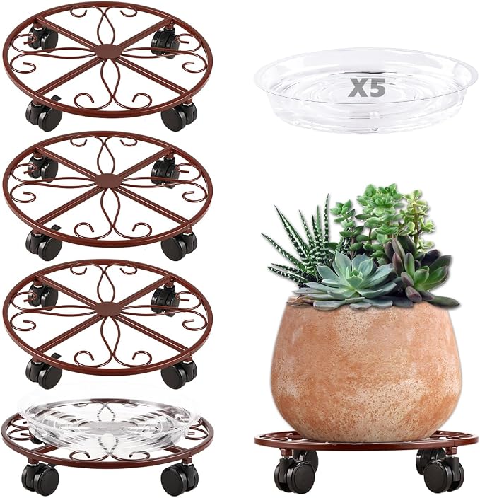 5 Pack Plant Caddy with Wheels Heavy Duty 13.5 Inch Metal Plant Stand on Wheels Plant dolly Rolling Plant Stand Plant Roller with Casters for Indoor and Outdoor with Plant Saucers, Bronze