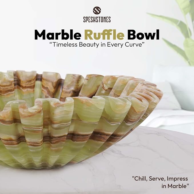Marble Large Decorative Bowl Handmade 10 Inch Green Onyx Ruffle Bowl, Scalloped Bowls for Home Decor, Modern Fruit Bowl for Kitchen Counter, Stone Fluted Bowl for Housewarming Gifts