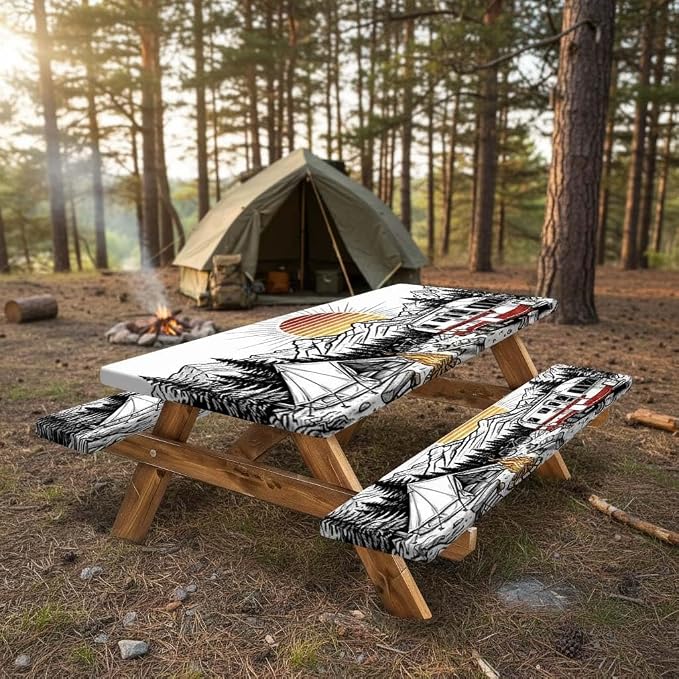 Picnic Table and Bench Covers Set Camping Essentials - Waterproof Windproof Vintage Camper Tablecloth, Camping Accessories with Drawstring Bag Fits Standard Rectangle Tables for Picnic, 30X60 inch