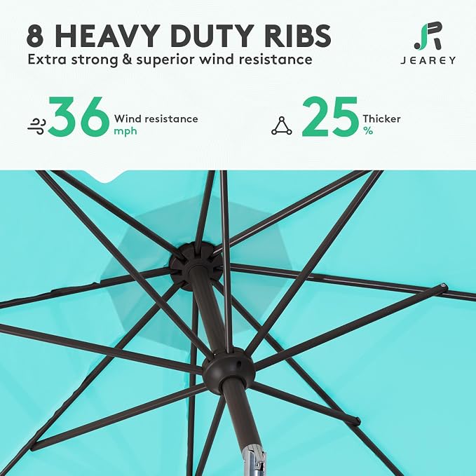 JEAREY 10FT Outdoor Patio Umbrella Outdoor Table Umbrella with Push Button Tilt and Crank, Market Umbrella 8 Sturdy Ribs UV Protection Waterproof for Pool, Garden (Turquoise)