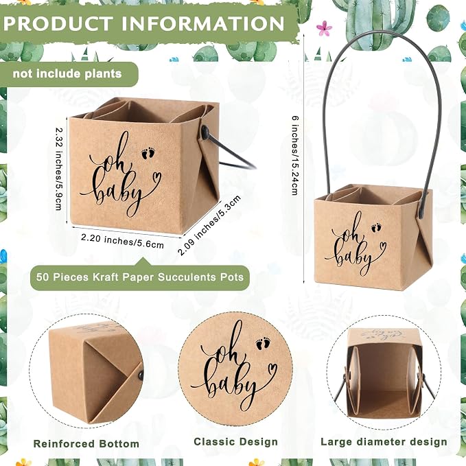 Geetery 101 Pcs Succulent Baby Shower Party Favor 1 Wooden Table Sign 50 Tags and 50 Kraft Succulent Pots for Guest Baby Shower Favors Gifts(Baby)