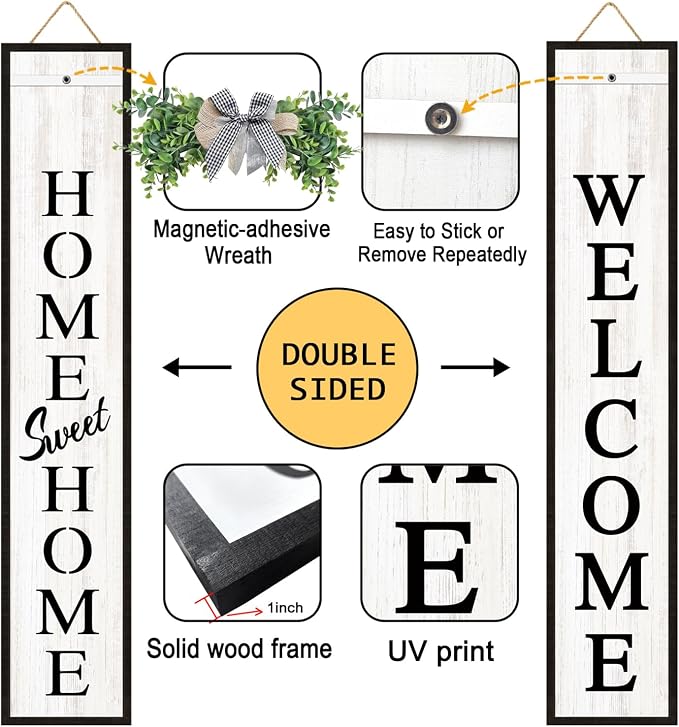 Welcome Sign for Front porch Standing 45"X9" Double-Sided Wood Frame Outdoor Tall Welcome Signs Vertical Decor for Farmhouse Rustic Home Modern Outside Front Door Wall Decorations
