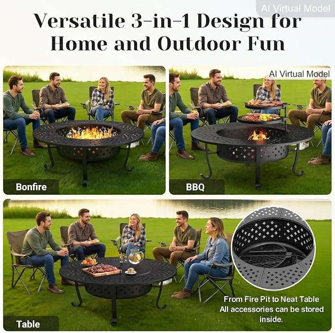Outdoor Fire Pit, 48" Fire Pit for Outside Wood Burning with Adjustable 2 Grills, Firepit with Lid and Fire Poker, BBQ, Bonfire, Round Outdoor Fireplace 3 in 1 for Patio, Backyard, Garden, Camping