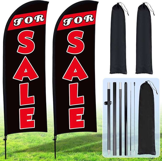 Buryeah 2 Set Sale Feather Flag 7 x 5.4ft Huge Sale Banner Flag Themed Flag with Pole Kit for Retail Store Outside Garden Business Advertising(Black)