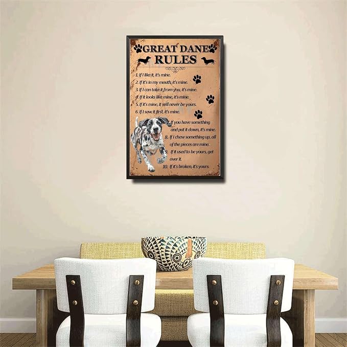 Metal Sign Tin Sign Vintage Wall Art Great Dane1 Rules Boho Decorations for Home for Room 8×12 Inches with Metal Frame