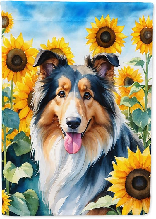 Caroline's Treasures DAC6061CHF Collie in Sunflowers House Flag Large Porch Sleeve Pole Decorative Outside Yard Banner Artwork Wall Hanging, Polyester, House Size, Multicolor