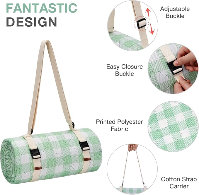 WILLOW WEAVE Picnic Blanket, 80''x80'' Waterproof Outdoor Blankets, Picnic Mat Washable for Beach, Picnic Blankets for Camping on Grass with Shoulder Strap - Green & White
