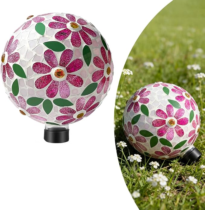 Lily's Home Colorful Mosaic Glass Gazing Ball, Durable Outdoor Reflective Globe - Enhances Yard, Patio, Home Ambiance for Garden Lovers, Vibrant Glass Flower Pattern (10" Diameter)