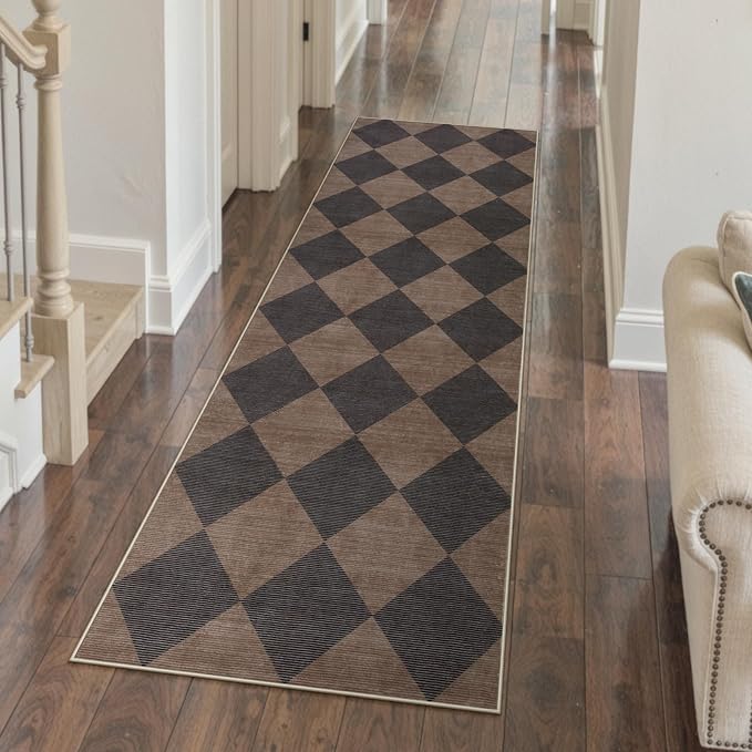 Beeiva Checkered Print Hallway Runner Rug 2x6, Moroccan Kitchen Runner Rugs Non Skid Washable 6ft Ultra Thin Stain Resistant Entryway Decor, Diamond Gingham Alfombra for Bathroom Laundry (Brown/Black)