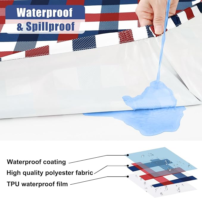Smiry Picnic Table Cover with Bench Covers, Waterproof Elastic Fitted Tablecloths for 6 Foot Rectangle Tables, Washable Buffalo Plaid Tablecloth for Camping, Outdoor (Red & Blue, 30"x72")