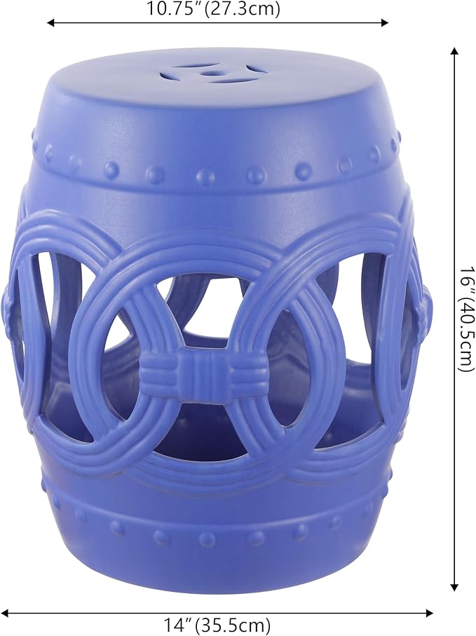 JONATHAN Y Lucky Coins 16" Ceramic Garden Stool, Contemporary Matte Blue Cutout Interlocking Rings Drum Indoor/Outdoor Side Table and Plant Stand for Patio, Garden, Living Room TBL1022D