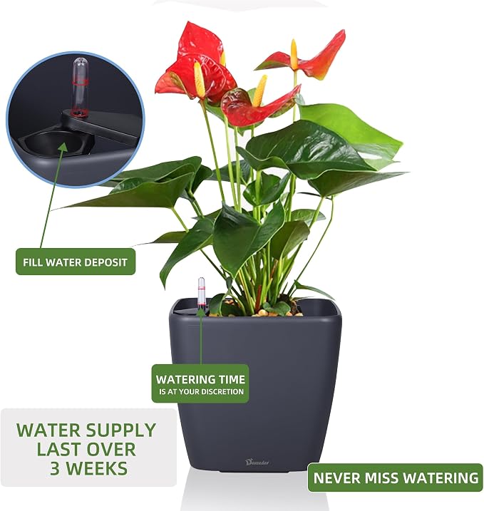 Dexceder 15x14 Self Watering Planter with Wheels (Slate Gray Matte) | Inner Mat Design, Thickened Large Floor Standing Flower Plant Pot with Water Level Indicator Indoor Outdoor