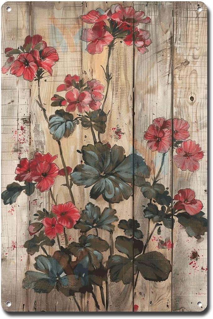 Metal Sign Tin Sign Vintage Wall Art Rustic Garden Pelargoniums Tin Sign for Vintage Wall Art Shabby Chic Gardens and Distressed Wood Vintage Metal Sign for Room 12×16 Inches