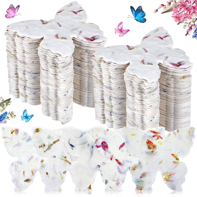 Dunzoom 50 Pcs Handmade Seed Paper Plantable Wildflower Seed Paper Recycled Flower Petals Tags Wedding Favors for Guests Craft Gifts Cards for Envelope Birthday Party, 5 Styles (Butterfly Shape)