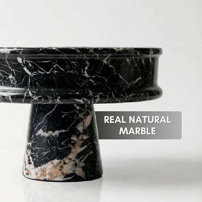 Marble Fruit Bowl for Kitchen Counter, 10" Handcrafted Natural Stone Decorative Bowl, Catch-All Key Dish, Dining Table Centerpiece, Pedestal Bowl, & Housewarming Gift (Black Marble)