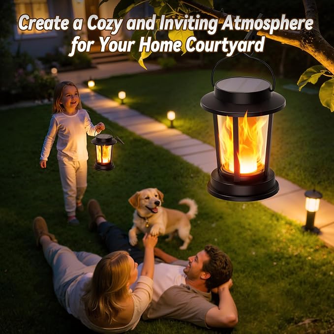 Solar Lanterns Outdoor Waterproof, Upgraded Flickering Flame Solar Lights Outdoor, Solar Powered Lanterns Decorative, Hanging Solar Lantern for Garden Yard Patio Path Porch Tree Decor 2 Pack