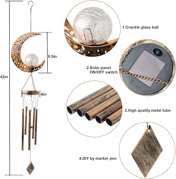 Solar Moon Wind Chimes for Outside Color Changing Unique Birthday Mom Gifts for Women Mom Grandma Crackle Glass Ball LED Wind Chimes Solar Lights Outdoor Garden Decor Light for Patio Yard Backyard