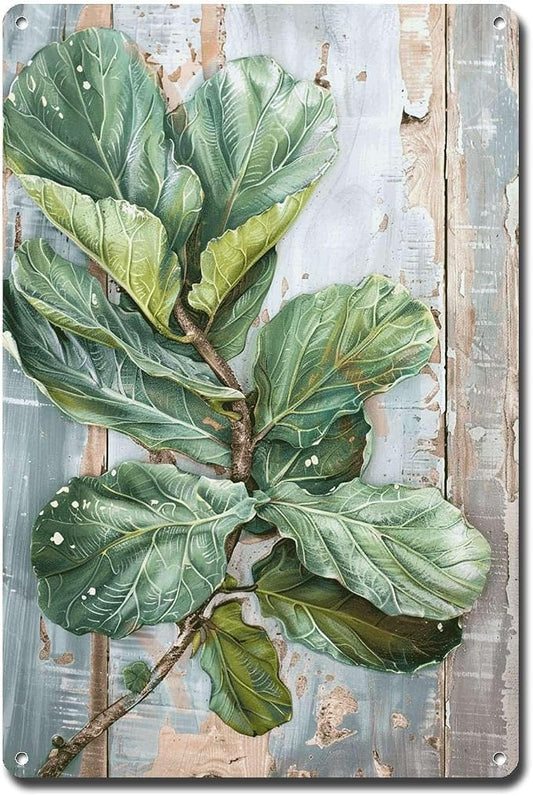 Metal Sign Tin Sign Vintage Wall Art Antique Artistry Fiddle Leaf Tin Sign for Distressed Wood Wall Art Green Thumbs and Botanical Bar Signs for Home Bar for Club 8×12 Inches