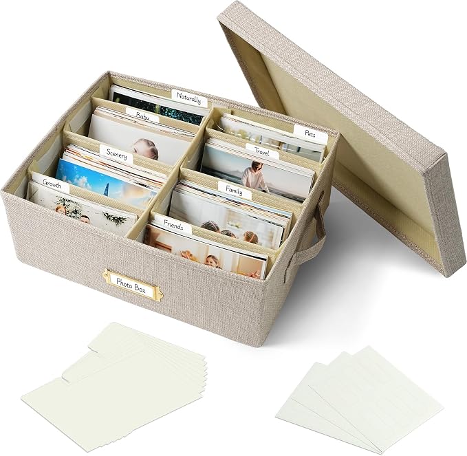 Linen Photo Storage Box with Adjustable Hook and Loop Dividers, Holds 1700 4"x6" Photos, Collapsible Picture Organizer with Handle and Label Stickers, Memory Keepsake Box for Women, Beige