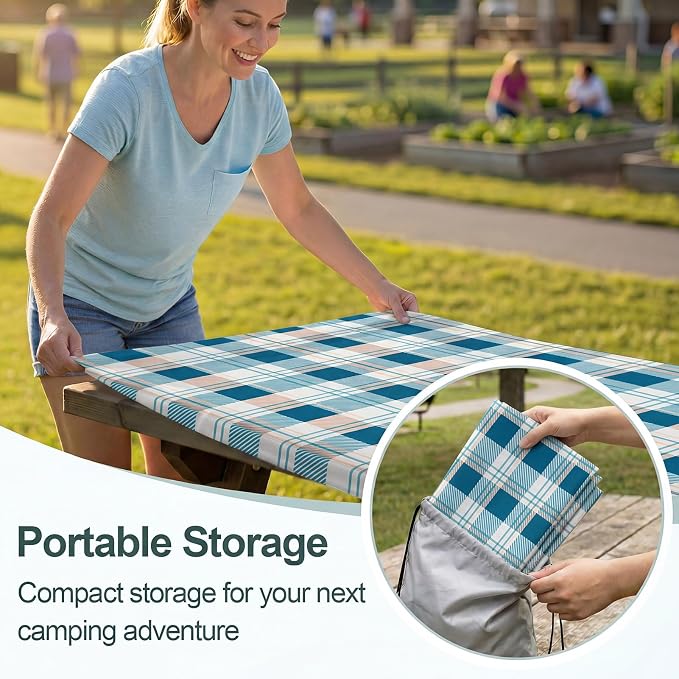 Play Tailor Picnic Table Cover with Bench Covers Camping Essentials Waterproof Windproof Camping Tablecloth with Drawstring Bag, Fitted Rectangle Tables and Seats, 72in, Green Checkered