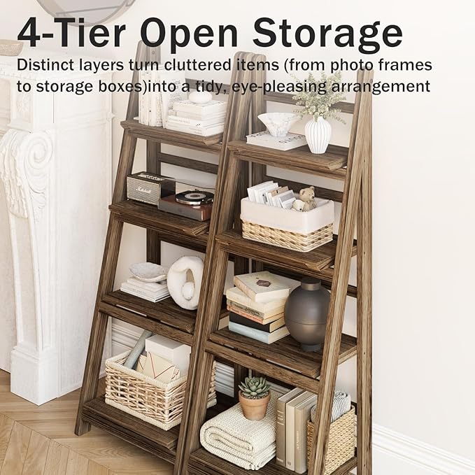 Ladder Shelves - Folding Wooden Ladder Bookshelf, 4-Tier Retro Plant Stand Storage Shelves for Home Living Room, Brown