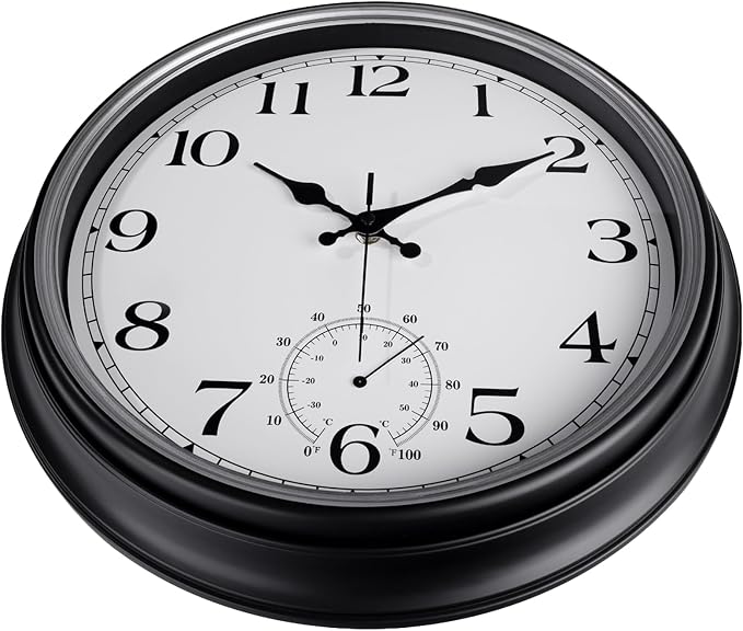 JoFomp Large Waterproof Outdoor Clock with Thermometer Combo - 16 inch Silent Non Ticking Quartz Battery Operated Wall Clock for Patio, Home, Pool, Garden, Porch, Deck (Silver, 16 Inch)
