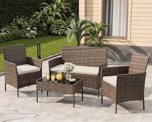 4-Piece Outdoor Furniture Set, PE Rattan Wicker Chairs with Soft Cushions & Tempered Glass Coffee Table - All-Weather Patio Set for Garden, Backyard, Porch, Poolside (Gradient Brown/Beige)