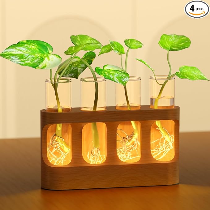 Plant Propagation Station with 9-Speed Adjustable LED Lights, Wooden Stand, 4 Glass Test Tubes for Hydroponic Plants, Unique Gift for Plant Lovers