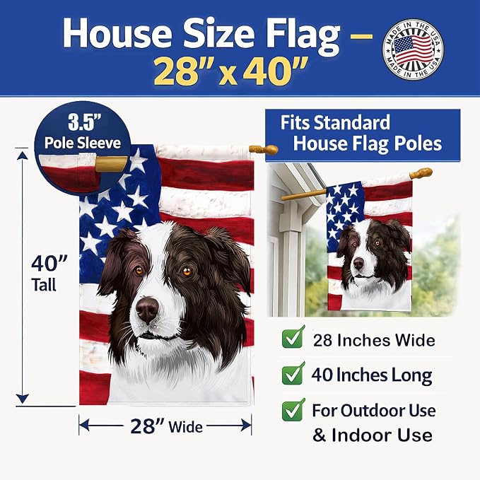 Caroline's Treasures CK6447CHF Border Collie Dog American Flag House Flag Large Porch Sleeve Pole Decorative Outside Yard Banner Artwork Wall Hanging, Polyester, House Size, Multicolor