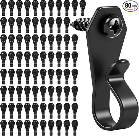 HiGift 80 Pack String Light Hanger Hooks, Stainless Steel Light Clips Black, Outdoor Screw Hooks Rope Light Clips for Hanging Christmas Light, Plants, Party Light Wire and Led Fairy Led Light Clips