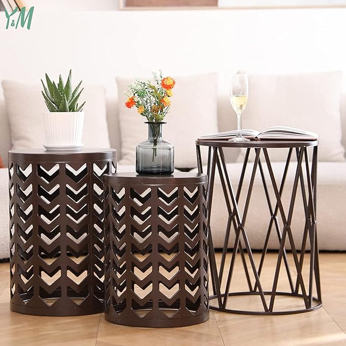 Y&M Outdoor Side Tables Set of 3, Round Heavy Duty Metal Nesting End Tables, Stacking Patio Accent Tables for Outside, Balcony, Garden, Porch, Indoor & Outdoor, Brown