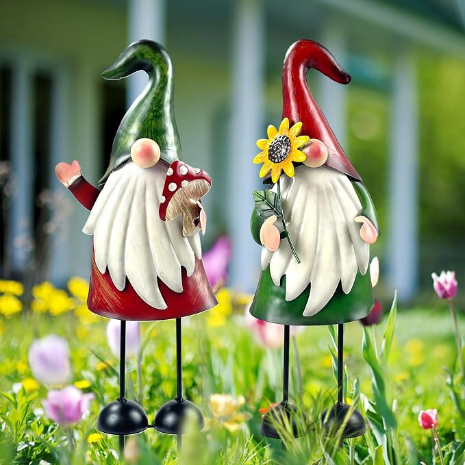HONGLAND Metal Gnome Yard Art Outdoor Gnomes Garden Statue 18 Inch Gnome Figurine Decorative Stakes for Holiday Christmas Lawn Patio Yard Garden Decor-2 PCS
